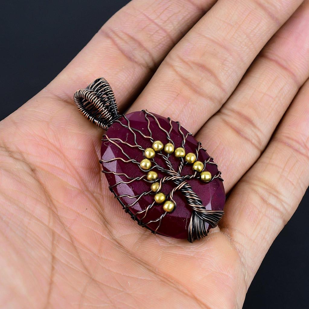 Кулон Древо Жизни с рубином, Ювелирные изделия из драгоценных камней, Кулон ручной работы, обернутый медной проволокой 999 пробы, Ювелирные изделия новейшего дизайна