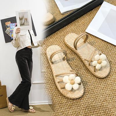 Летние тапочки на плоской подошве, домашние домашние тапочки из искусственной соломы, верхняя одежда, морская обувь