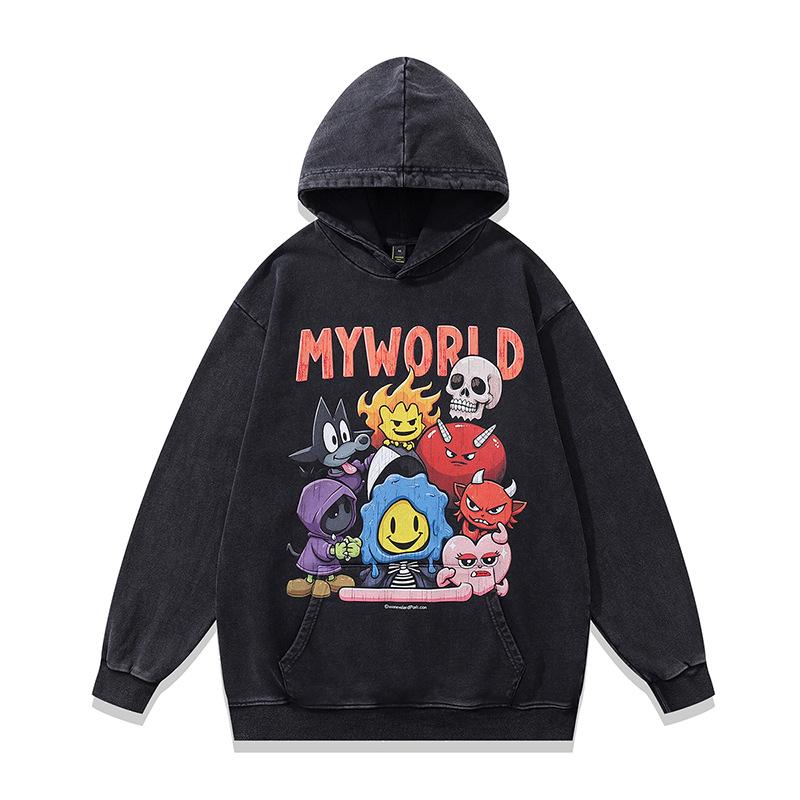 430G Heavy Cotton Hoodie Jacket Retro Cartoon Direct Injection Printing Fried Color Sweater For Men And Women