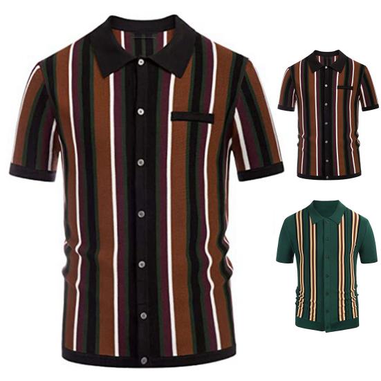 Мужская рубашка контрастного цвета, однобортная, с коротким рукавом, в полоску, с принтом, вязаные летние топы, мужская одежда