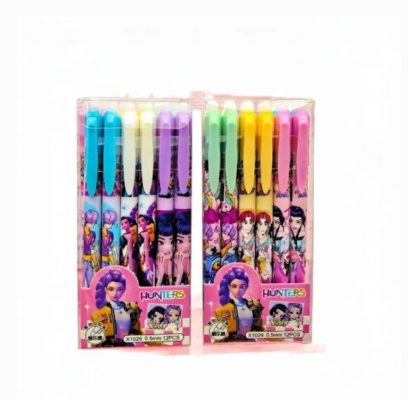 12pcs Kpop Demon Hunters 0.5mm Erasable Gel Pen - Refillable & Retractable Black Ink Friction Pen for School Office Supplies