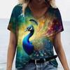 Women's T-shirt Summer Color Cat Print Women's Clothing V-neck Short-sleeved Animal Graphic Blouse Street Wear Oversized