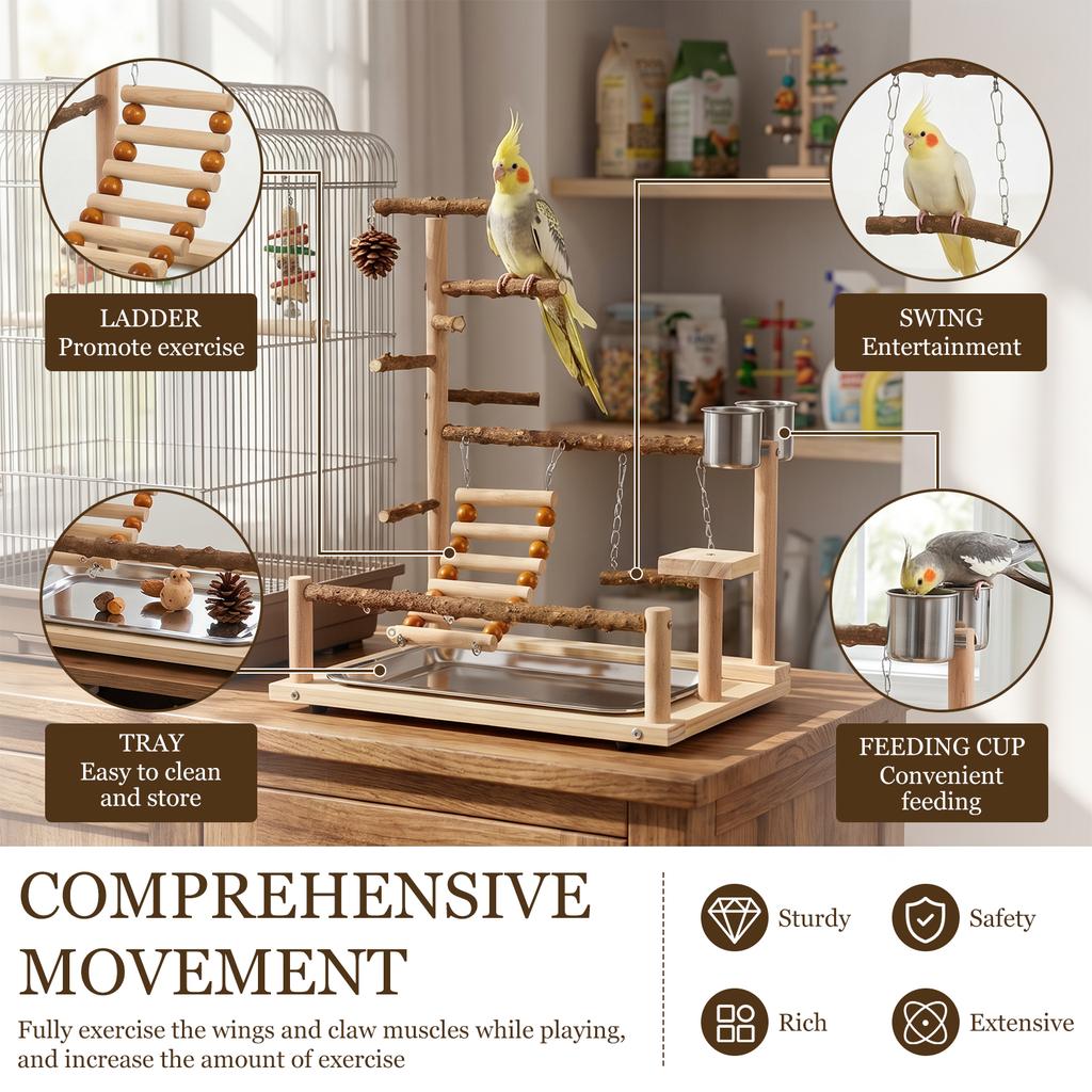 Wooden Parrot Play Stand Multi Level Parrot Playground with Ladder Swing and Feeding Cup Bird Toys Birdcage Accessories for Pet