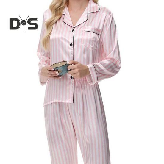 Женский комплект пижамы из 2 предметов из шелкового атласа, топ с пуговицами на лацканах и брюки, свободная рубашка в полоску и брюки с эластичным поясом, одежда для отдыха