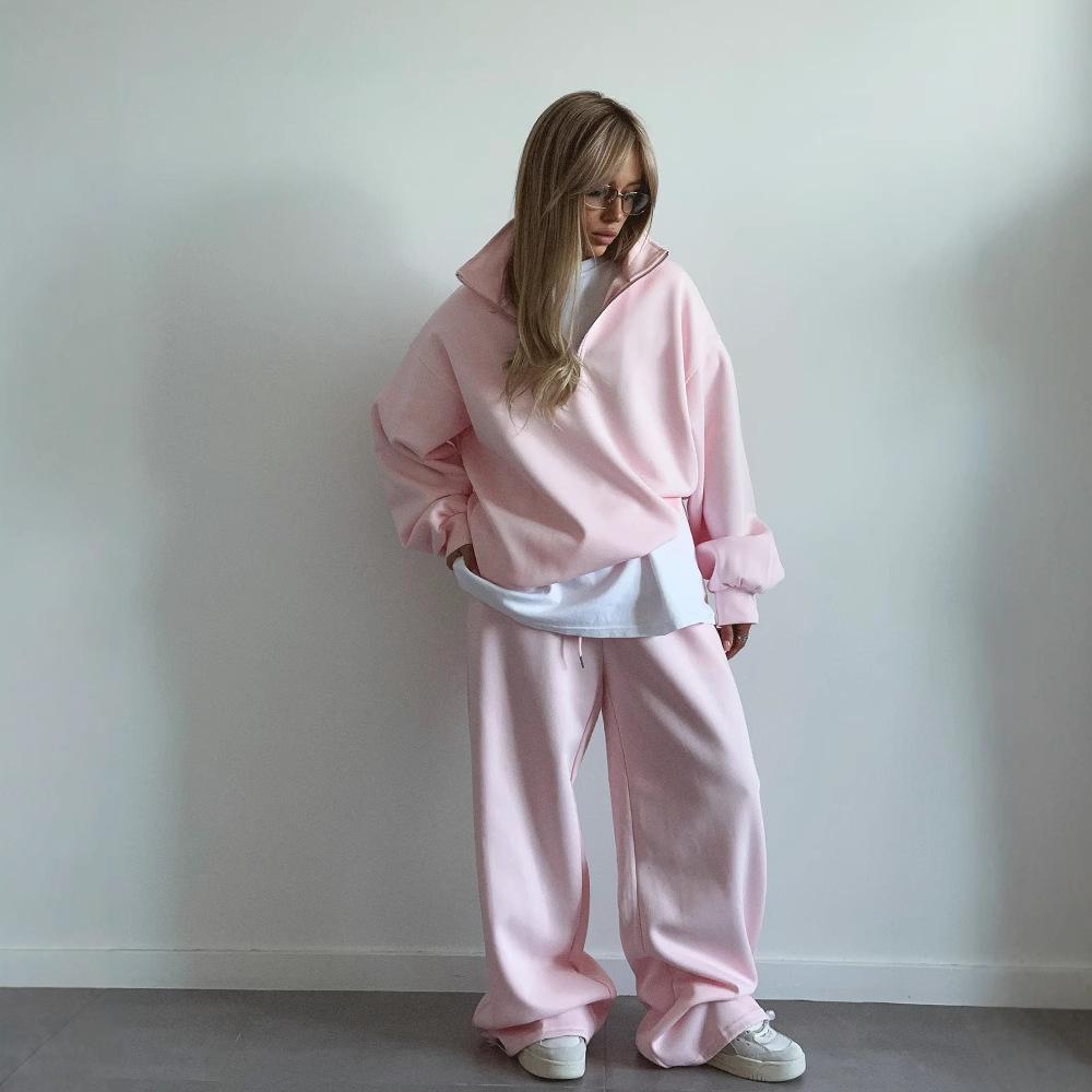 Fashion Half-Zip Long Sleeve Sweatshirt and Jogger Set Oversize Hooded Pullover Lounge Two-Piece Outfit for Women Cotton