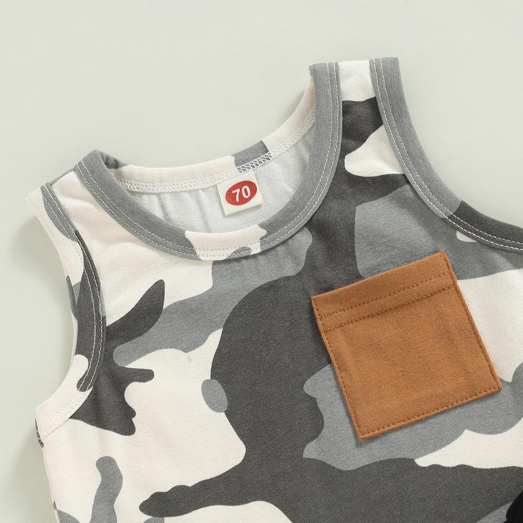 Toddler Boys Summer Outfit Sets Sleeveless O Neck Camouflage Vest + Black Drawstring Shorts