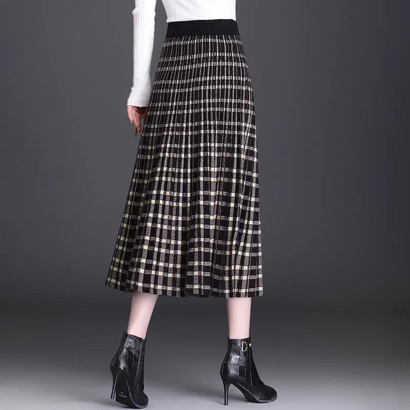 Юбки-плиссе осень-зима, трикотажные, женские, с высокой талией, универсальные, средней длины, А-силуэта