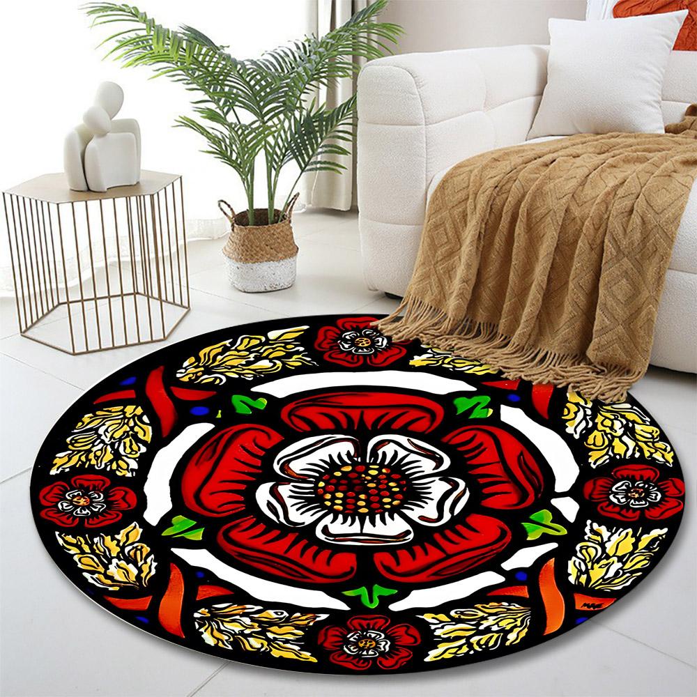 "Traditional Red and White Floral Design" Print round rug, living room, bedroom, playroom carpet, non slip floor mat, gift