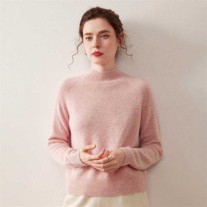 Women's Cashmere Knit Half-High Neck Raglan Sleeve Sweater – Autumn/Winter Base Layer Top