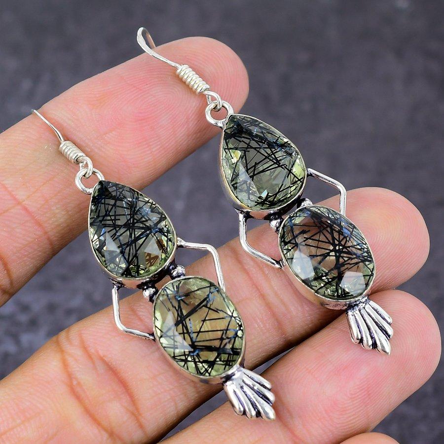 Черный рутил драгоценный камень 925 стерлинговое серебро подарок ювелирные изделия серьга 2,56"