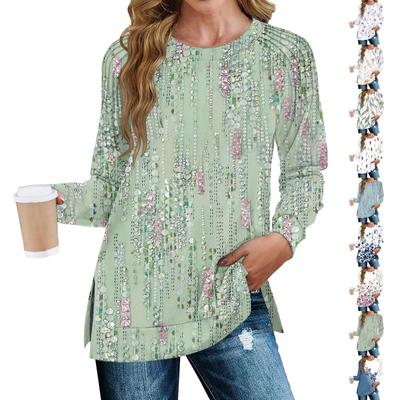 Женская мода повседневный цветочный принт плиссированный подол разрез свободный крой осенний свитшот длинный рукав топ