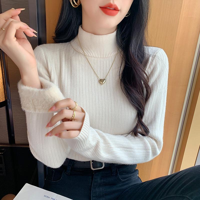 Топ-водолазка в рубчик, интегрированный, из искусственного норкового бархата, женский осенне-зимний прилегающий внутренний теплый вязаный свитер