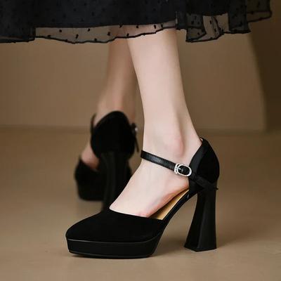 Темпераментные туфли на высоком толстом каблуке для вечеринок, сексуальные замшевые туфли с острым носком и ремешком на платформе для женщин, обувь