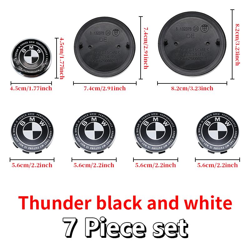 BBKR7 Car Thunder black white Logo Front Hood Emblem 82mm+Rear Badge 74mm+Wheel Hub Cap 68mm+56mm steering wheel sticker For All BMW