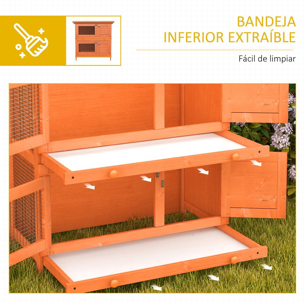 2-Tier Wooden Outdoor Rabbit Hutch for 1-2 Small Pet Rabbits with Openable Asphalt Roof and 2 Removable Trays, 90x45x90 cm, Natural Wood