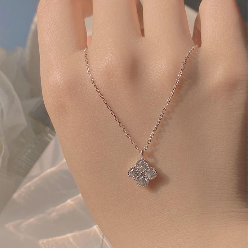 925 Silver Clover Necklace for Women , French Style , Diamond & Zircon Inlay , Elegant Daily Wear , Party Jewelry