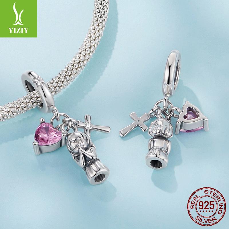 Pink Love Cross Pendant Accessories Cute Little Angel S925 Sterling Silver Bracelet Beaded