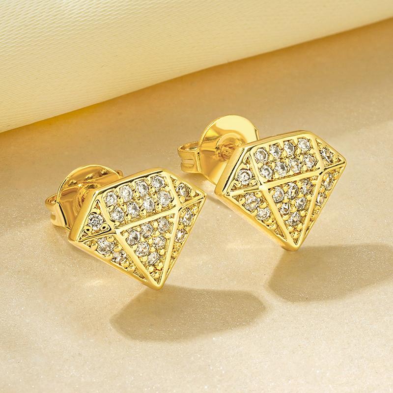 Rrjzz Sparkling Diamond Shaped 14k Gold Plated Unique Earrings Fashion CZ Simulated Diamond Ear Stud for Women Men Jewellery