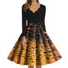 Women's Fashion V-Neck Casual Slim Fit Halloween Printed Long Sleeve Dress