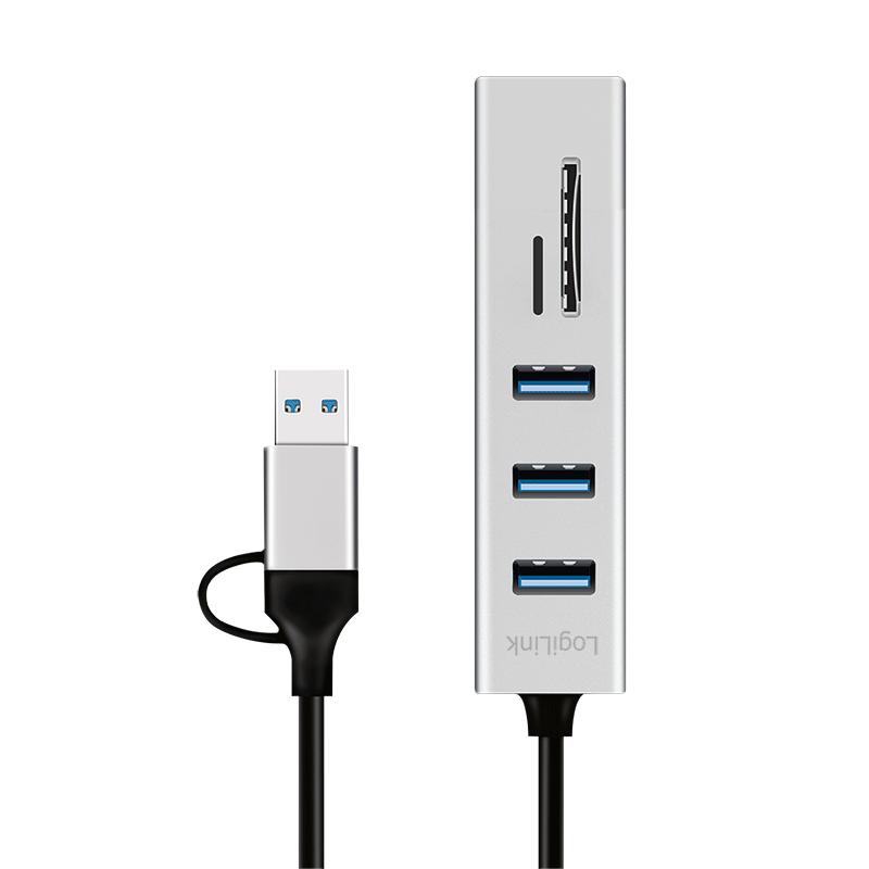 Hub USB 3.0 LogiLink 3xUSB-A SD/microSD card reader 2in1 USB-A/USB-C 5 Gbs