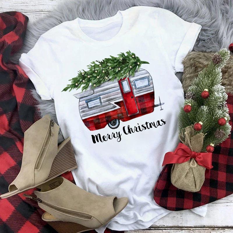 Maycaur T-shirts Women 90s Christmas Truck Clothes Cartoon Kawaii Deer Printed Tshirt Top Lady Print Tee Women's Y2K Clothing