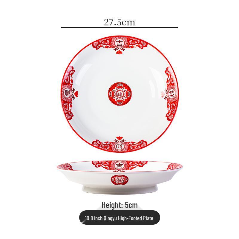 Retro Ceramic Soup & Noodle Bowl Set: Stir-fried Pork Bowl, Good Luck Stir-fry Plate, Snack Plate, Kitchen Utensils