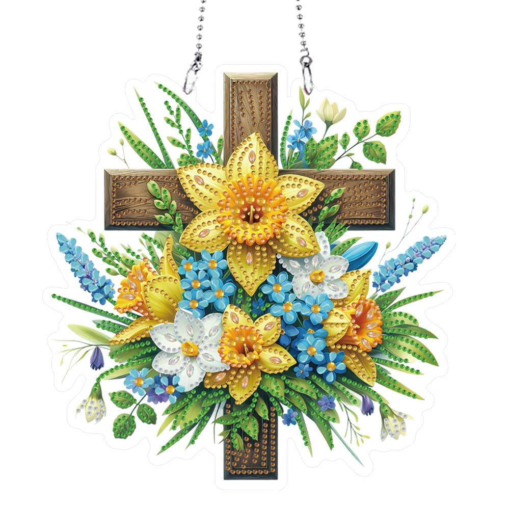 Acrylic Special Shaped Cross Flower Leaf Diamond Painting Hanging Ornaments Kit Rhinestone Diamond Art Window Pendants for Home