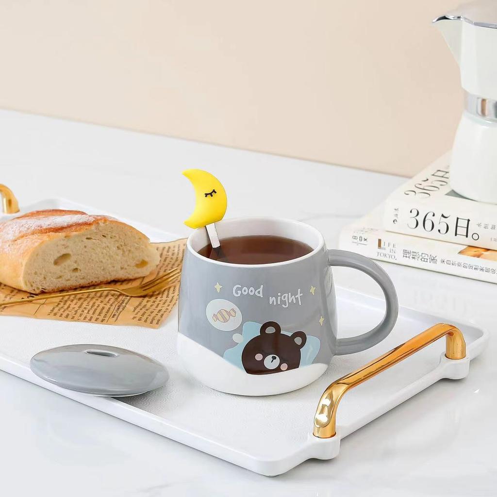 Керамическая чашка для воды Милый мультяшный узор с крышкой с лунной ложкой Офисная стеклянная кофейная чашка Высокая термостойкость Бытовое использование