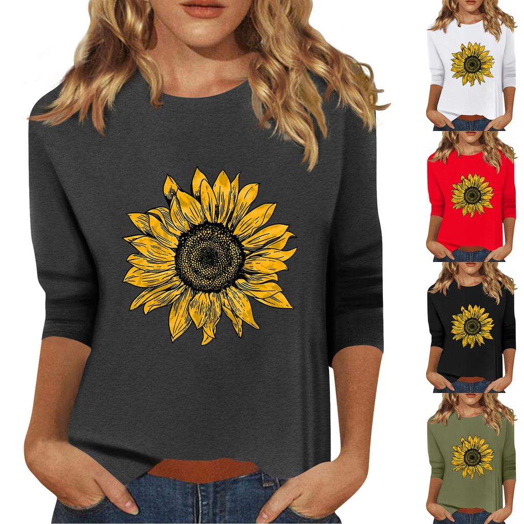 Women's Fashion Casual Printed Seven Sleeve Round Neck Top