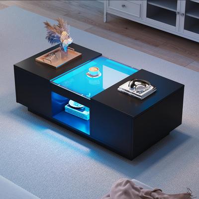 Журнальный столик Flieks 100x50x35,5 см – со стеклянной облицовкой, LED-подсветкой, управлением через приложение, 2 ящиками и 1 открытой полкой