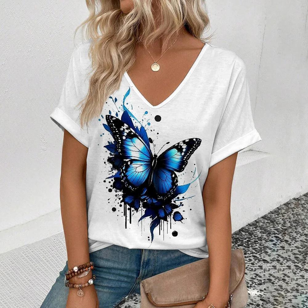 Summer Women T-shirt Butterfly Pattern V-Neck Tops Tees Female Fashion Trend Short Sleeve Clothing Ladies Daily Casual Outfit