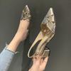 Women's Fashion Sandals 2024 Summer New Style Elegant Pointed Thick Heel Shoes Hollow Out Breathable Gold Sexy High Heels