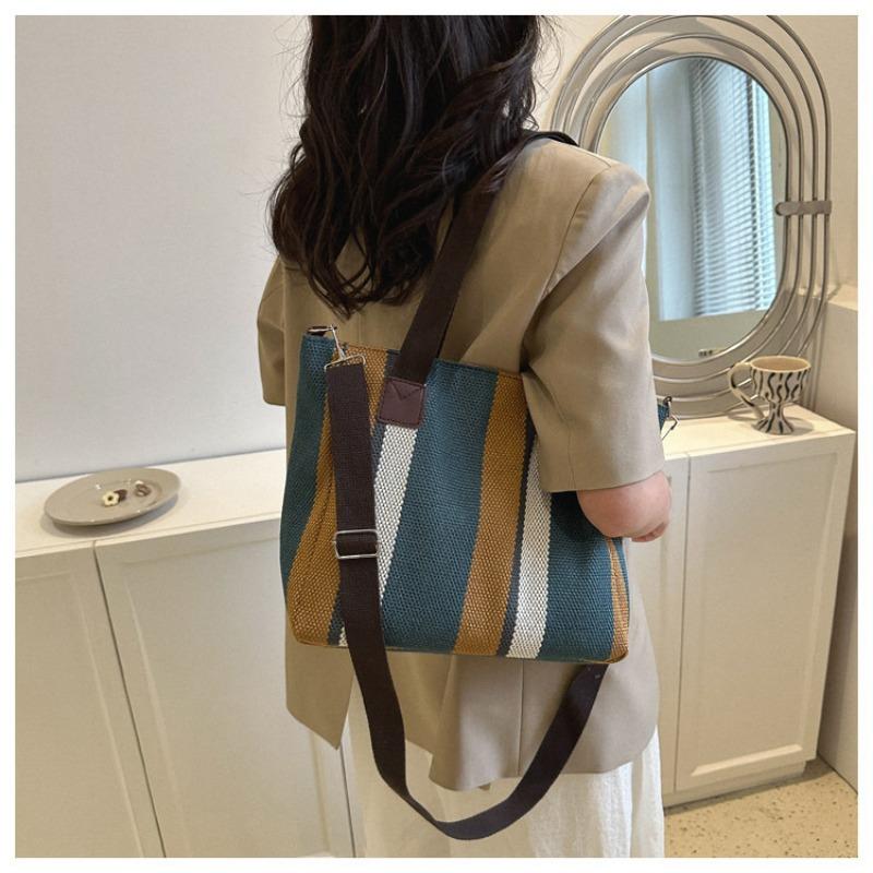 Big Bag Women's Fashion Striped Canvas Commuter Tote Stylish One-shoulder Crossbody Mommy Bag