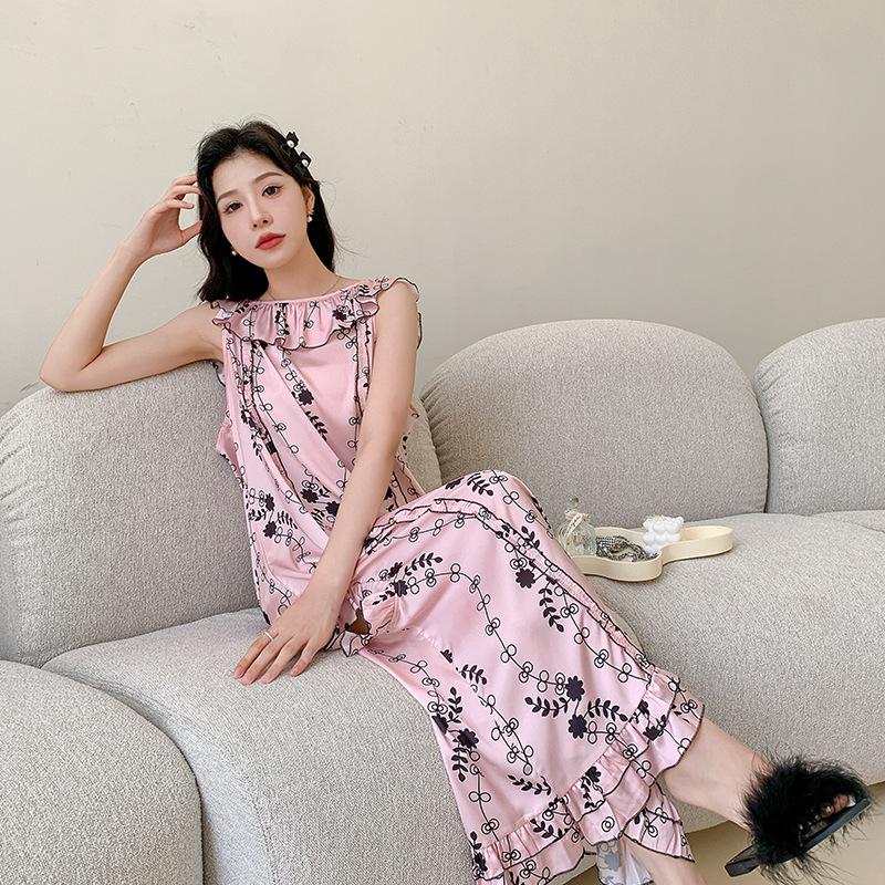 Summer women's sleeveless loose floral nightgowns can be worn outside, ice silk long skirts, loungewear pajamas ins wind wear