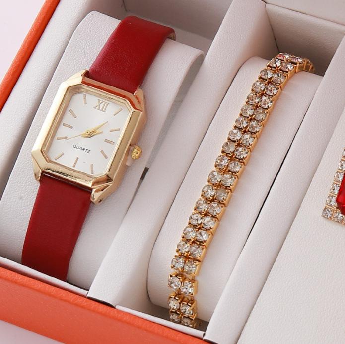 Authentic Luxury High-End Gold Three-Piece Jewelry Set Fashionable Valentine'S Day European And American Full Diamond Watch