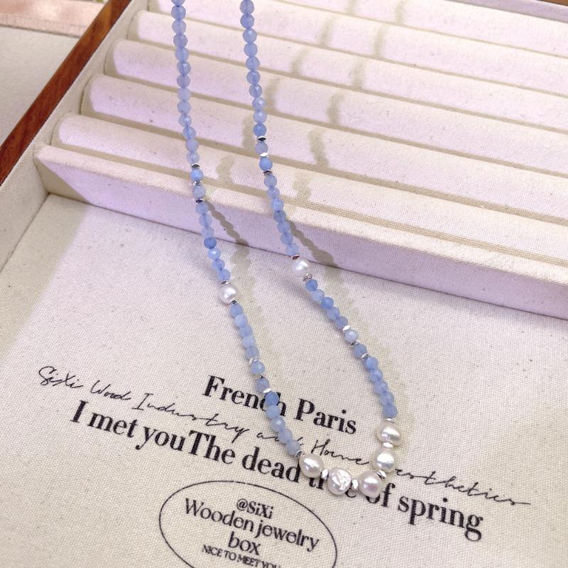Natural aquamarine crushed silver baroque freshwater pearl necklace - versatile for everyday wear