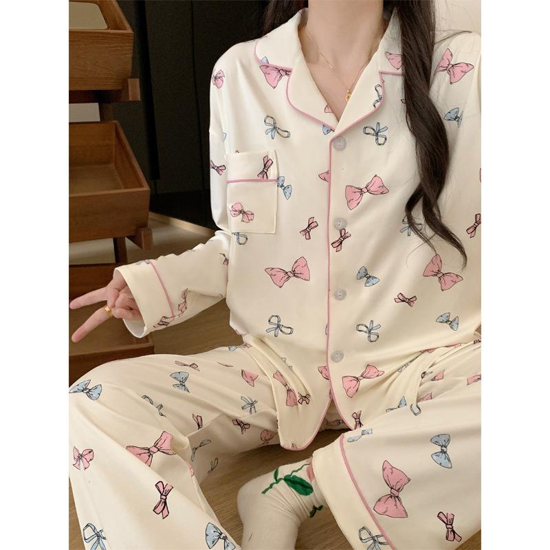 American retro style cardigan pajamas women's spring new long-sleeved trousers spliced plaid loungewear can be worn outside