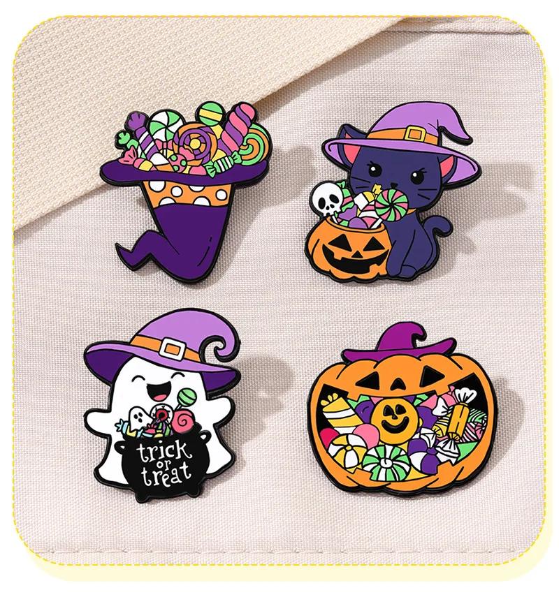Halloween Ghost Metal Brooches Lapel Pins Candy Wizard Cat Hat Pumpkin Ghost Magic Cartoon Badge Horror Jewelry Friends Gift
