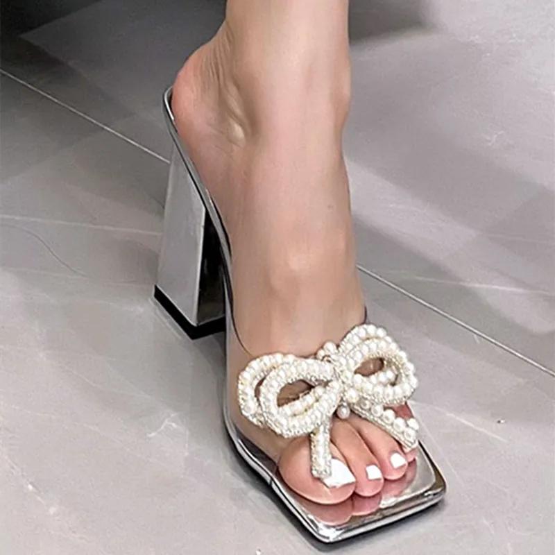 Модные прозрачные тапочки со стразами, женские летние сандалии-гладиаторы на высоком толстом каблуке, сексуальные белые туфли с бантом и квадратным носком для выпускного вечера