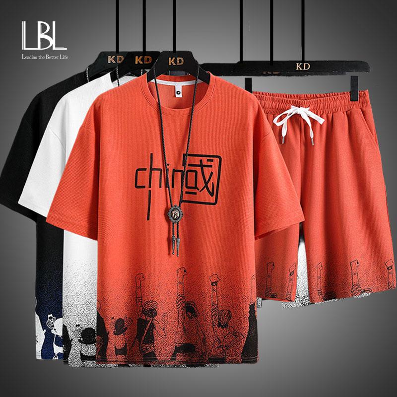 Летние мужские комплекты из двух предметов с аниме-принтом, футболка + шорты, костюмы с градиентом, льняная ткань, повседневный костюм, мужской спортивный костюм с короткими рукавами