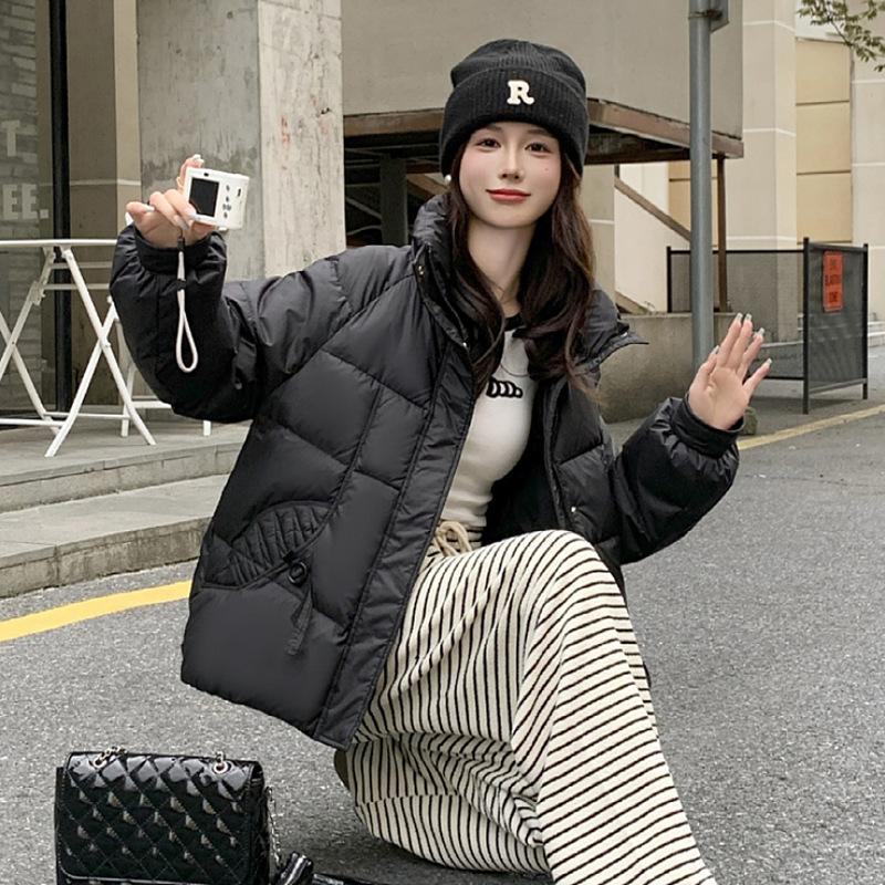 Пуховик женский 2024 зима новый модный дизайн с карманом-сенсором утолщенный воротник-стойка белая теплая куртка на утином пуху