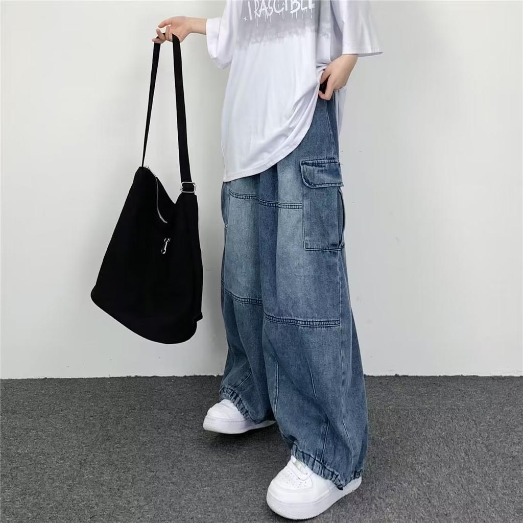 Men's Japanese Retro Wide Leg Large Pocket Workwear Jeans Loose Straight Jeans
