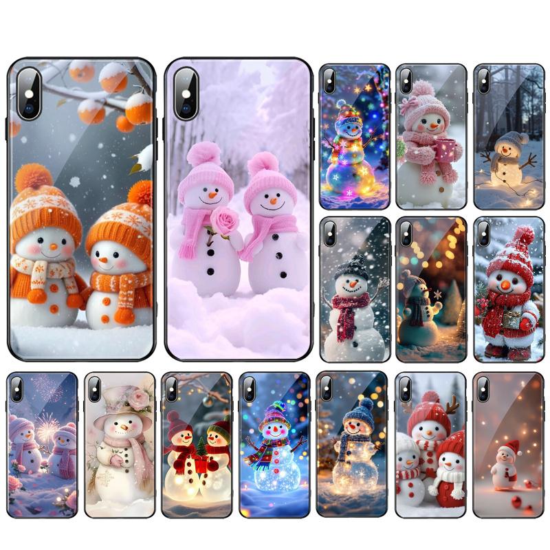 Glass phone case For iPhone 17 Pro Max Air 17 16 15 14 13 Pro Max 15 16 Pro 15Plus Snowman Christmas