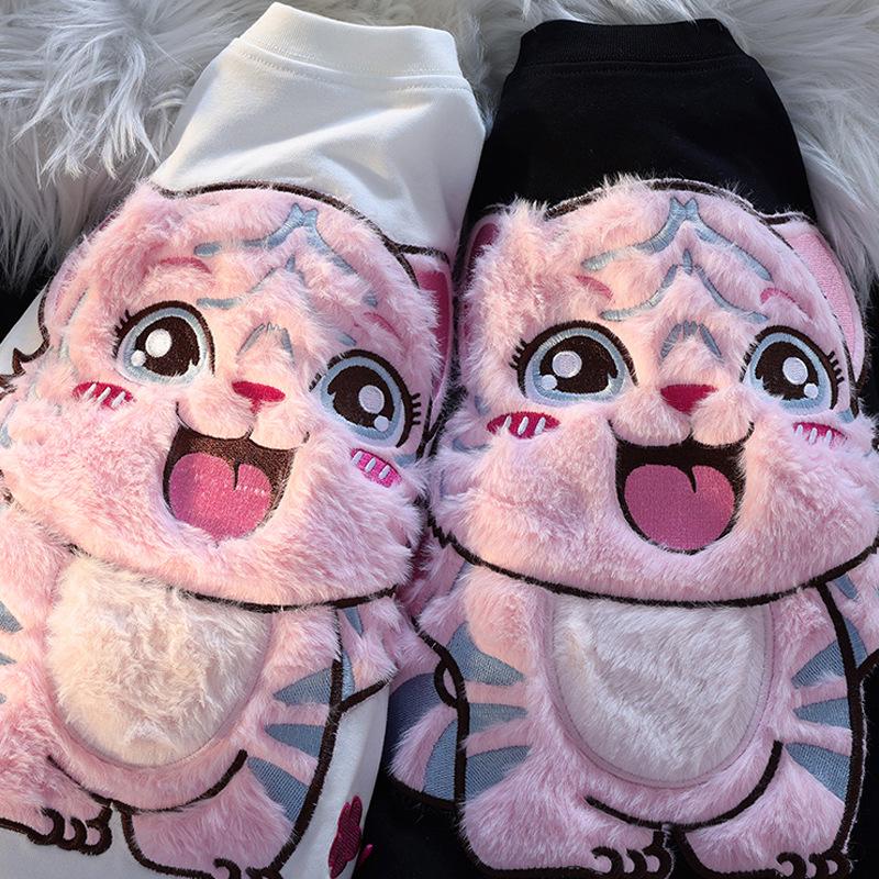 Guochao Оверсайз Футболка с флокированным милым тигром – Унисекс, с коротким рукавом, нишевый дизайн, парные наряды