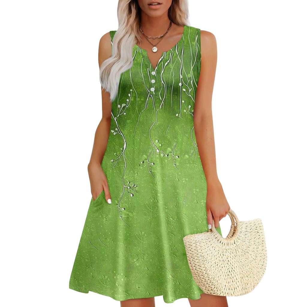Женские летние платья Свободные сарафаны без рукавов с V-образным вырезом Платье с карманами