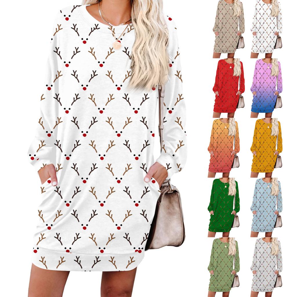 Женское модное платье с ретро-принтом, с длинным рукавом, круглым вырезом и карманом