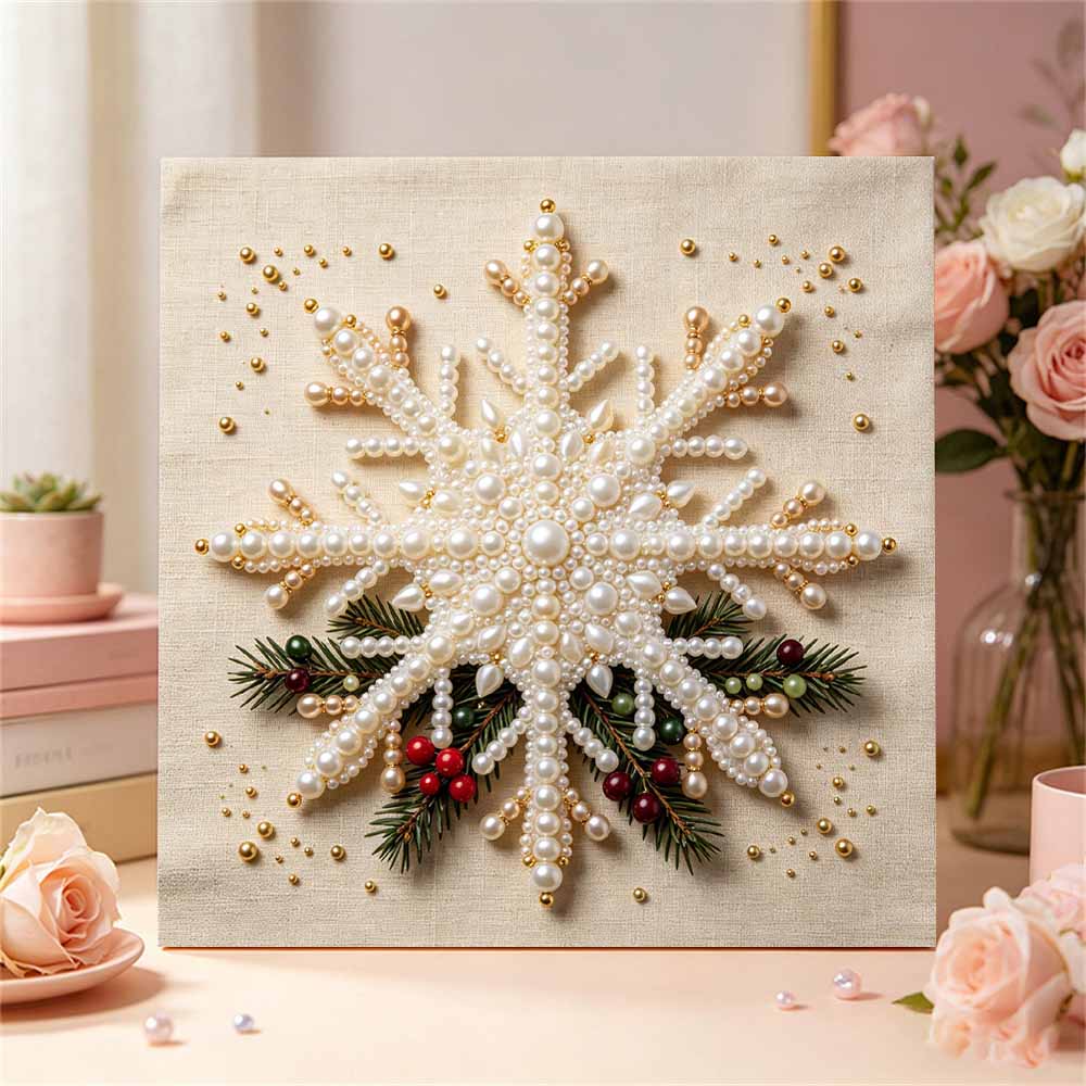 Набор для DIY-живописи 5D жемчугом в раме с дизайном «Белая снежинка и рождественская ягода» Сверкающее жемчужное панно Креативный подарок для декора детской комнаты