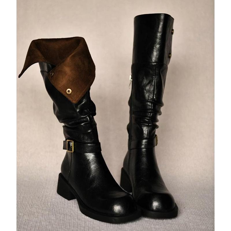 Cowhide Version~ Retro Western Cowboy Boots Women's Round Head Metal Buckle Two Wear Lapel Folds Thin Thick Heel Knight Boots