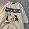 Original Japanese Retro Cat Print Pure Cotton Short Sleeved T-shirt For Women's Men's Trendy Street Loose Couple T-shirt