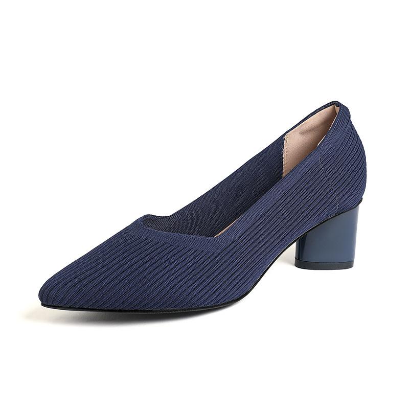 Мода 2025 Острый носок Средний каблук Дышащие Удобные Вязаные туфли Женские Неглубокий вырез Массивный каблук Мода Zapatos De Mujer Туфли-лодочки